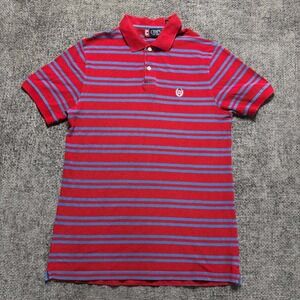 Chaps Polo Shirt Mens Medium Red Blue Striped Short Sleeve Cotton Crest 0587